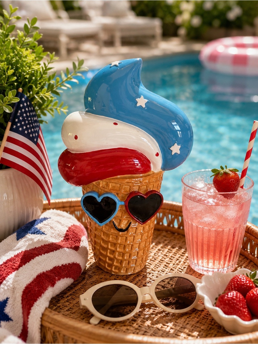 Patriotic Ice Cream Cone Figurine Red White Blue Americana Summer Decor